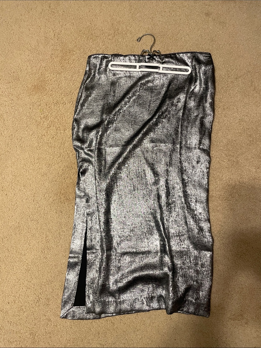 Metallic Silver Midi Pencil Skirt with Side Slit